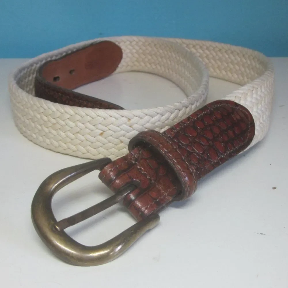 Torino Mens Size 36 Woven Cream Cotton Belt with Leather Accents & Brass Buckle